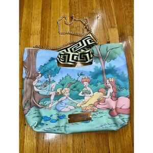 Vintage-Inspired Greek Mythology Handbag with Gold Chain and Artistic Design